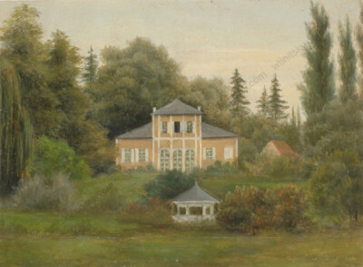 August Becker (1821/22-1887) ''A villa in forest'' oil on paper, 1838