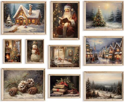 Prints Set of 10, Winter Christmas Picture Wall Decor Santa Christmas Wall Art