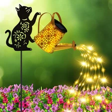 Solar Lights Outdoor Decorative, Watering Can with Cascading Lights, with Cat Si