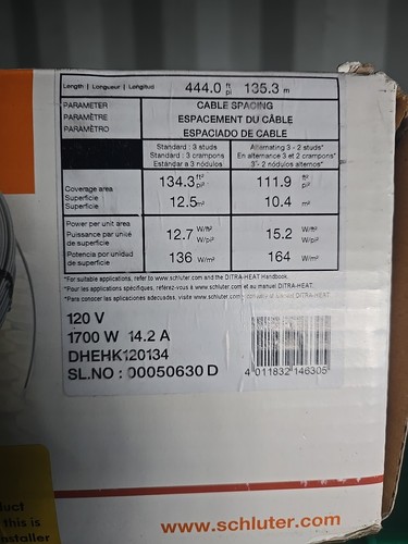 Schluter Ditra-Heat Cable 120V - 444 ft. (134.3 Sq Ft) Factory Sealed - Picture 6 of 6