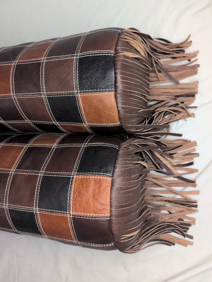 Two Leather Patchwork Bolster Throw Pillows w/Leather Fringes At Ends EX Cond. - Image 4 of 4