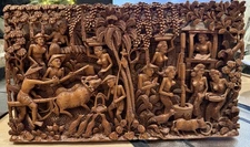 Hand-Carved Balinese Wood Relief Panel Village Life Scene Ubud Bali Artisan
