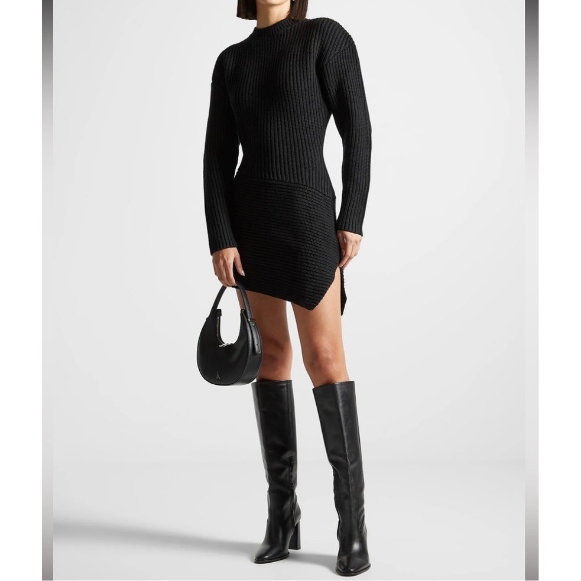 Maniere De Voir Black Ribbed Knit Mini Dress Asymmetric Hem Long Sleeve XS NWT Maniere De Voir Black Ribbed Knit Mini Dress Asymmetric Hem Long Sleeve XS NWT