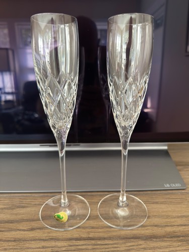WATERFORD CRYSTAL ”CROSSLAKE" TOASTING FLUTES SET OF 2 10" TALLORIGINAL BOX