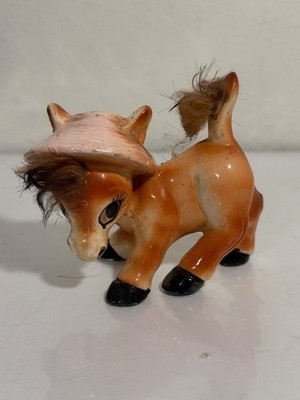 Vintage Ceramic Donkey W/ Fur Head and Tail Kitchy Japan Cutest Face Figurine