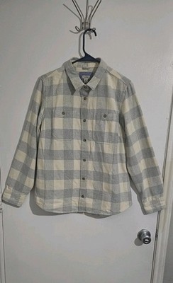 L.L. Bean Plaid Flannel Button Down Shirt Size Medium Ivory Blue Preppy Soft