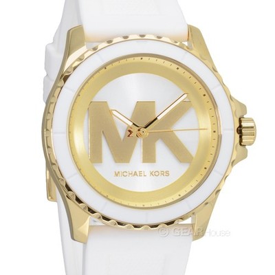 Michael Kors Womens Everest Gold Casual Watch, MK Logo Dial, White Silicone Band