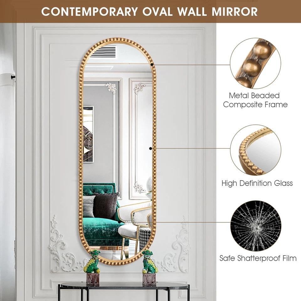 Espejo ovalado de longitud completa, marco de cuentas de metal de 16"x47" grande colgante vestido fl... Foto 3 de 4