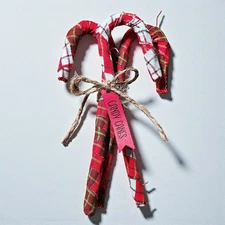 Primitive Fabric Wrapped Christmas Candy Canes with Tag, Holiday Decor