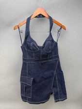 Urban Outfitters Denim Halter Mini Dress Sz M Dark Wash Y2K Corset Cargo Pocket