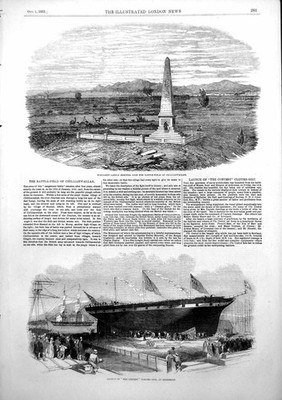 Antiker alter Druck Denkmal Schlachtfeld Chillianwallah Startwettbewerb 1853 19.
