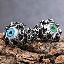 Gothic Eye Rings Green/Bule Eyeball Skull Claw Ring Men Women Stainless Steel
