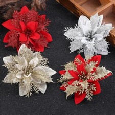 5Pcs Glitter Christmas Poinsettia Hanging Flowers Xmas Party Tree Decoration US