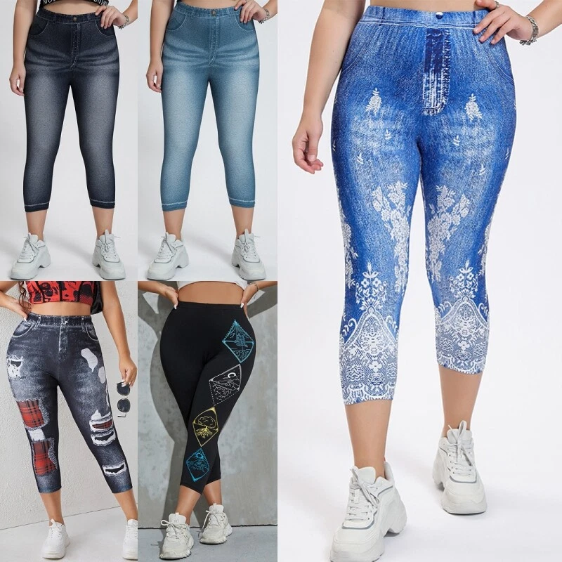 Ladies Skinny Plus Size Printed Denim Leggings Women Workout Yoga Pant Oversized