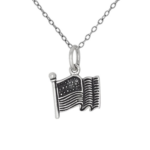 Sterling Silver .925 USA Flag Charm Pendant Necklace Oxidized Made in