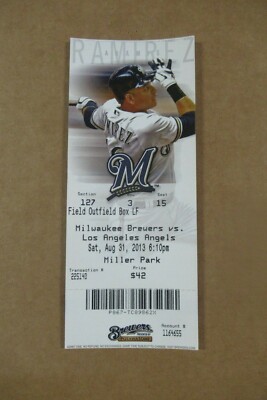 MILWAUKEE BREWERS VS LOS ANGELES ANGELS 8/31/2013 FULL TICKET ~ ARAMIS RAMIREZ