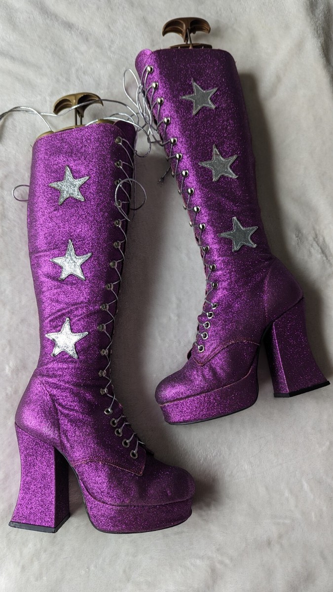 VINTAGE PLATFORM BOOTS 90S DOES 70S PURPLE GLITTER SILVER STAR