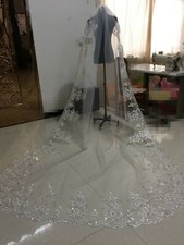 White Ivory Cathedral Length One Layer Wedding Veil Lace Beaeded Bridal Veil