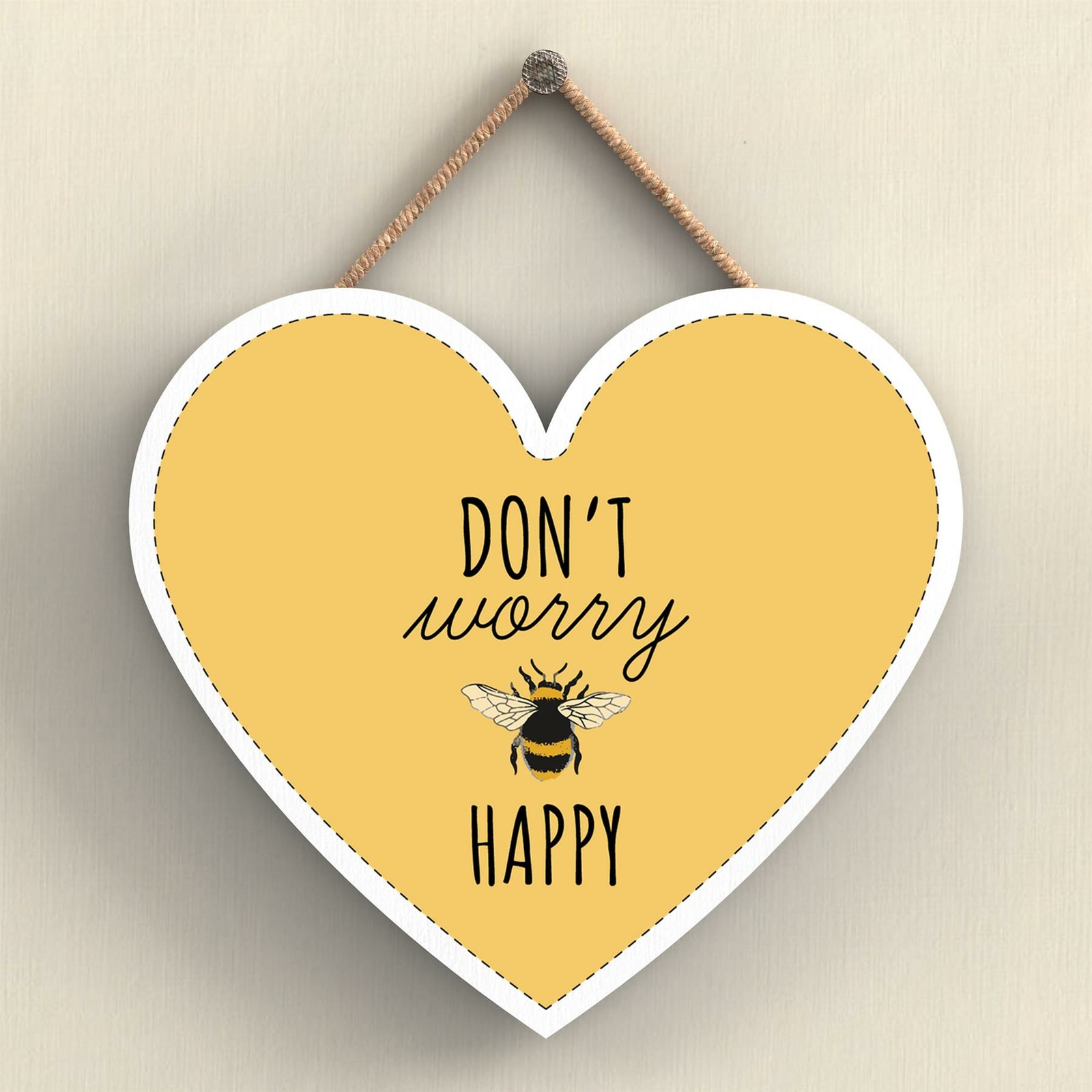DON'T WORRY BE HAPPY YELLOW BEE THEMED DECORATIVE WOODEN HEART SHAPED PLAQUE