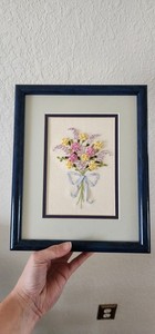 Vintage Ribbon Pastel Colors Floral Bouquet 3D Embroidery with Wood Frame