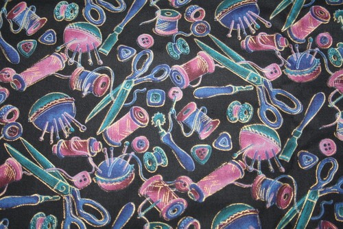 MULTICOLORED SEWING SUPPLIES ON NAVY - 100% COTTON FABRIC - Picture 3 of 5