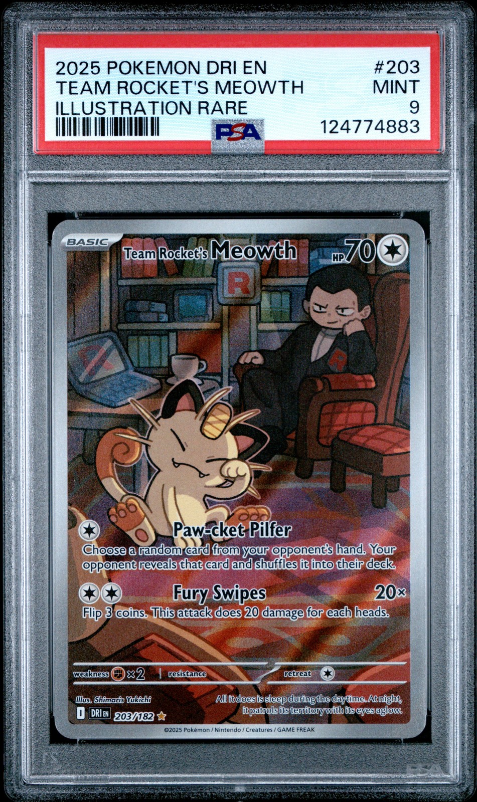 2025 POKEMON DRI EN-DESTINED RIVALS ILLUSTRATION RARE TEAM ROCKET'S MEOWTH PSA 9