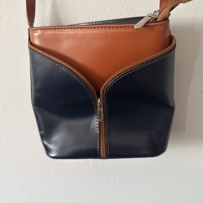 Vera Pelle Made in Italy Navy Blue Tan Leather Crossbody Bag Small Handbag 