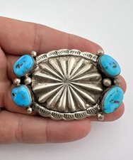 Vtg Navajo Sterling Silver Kingman Turquoise Stamped Concho Belt Buckle 2 3/8"