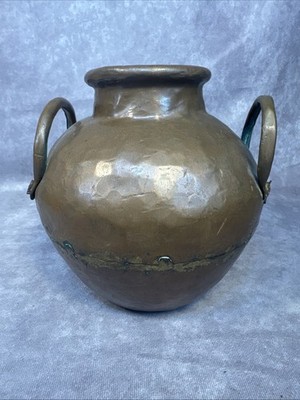 Antique Hand Hammered Heavy Seamed Copper Jug With Two Handles 6 In Tall