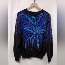 Vintage Merino Wool Blend Firework Sweater Mens M Black Blue Artsy Festival