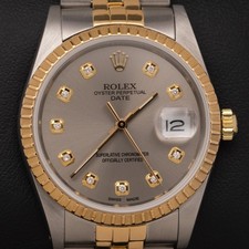 Rolex Date 15053 Engine-Turned Bezel Watch 34mm Silver Diamond Dial