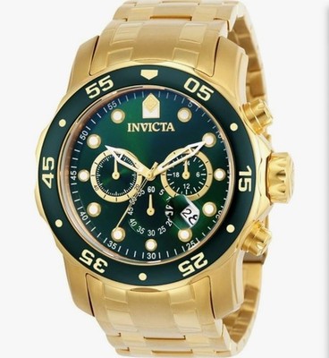 Invicta Pro Diver SCUBA Quartz Chronograph 200m 48mm Gold SS Green Dial Date