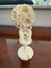 VTG Chinese Infinity/Puzzle Ball With 3 Elephants Hand Carved Designs Statue