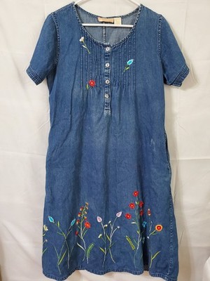 La Cera Denim Dress Women's Medium Floral Cotton Grandma Cottagecore Blue