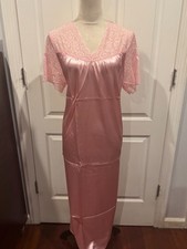 Women Pink Satin Short Sleeve V Neck Lace Nightgown 4XL 50"Lx26"W