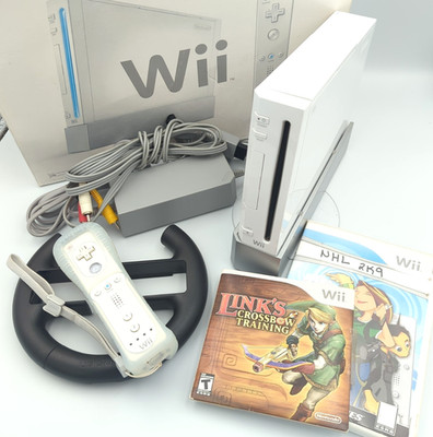 Nintendo Wii RVL-001 Console Bundle w/ Wii Remote Wheel Games Cord Box *Tested*