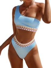 Women's Ribbed Bikini Sets One Shoulder Top with Mid Waist Two Piece Bathing Sui