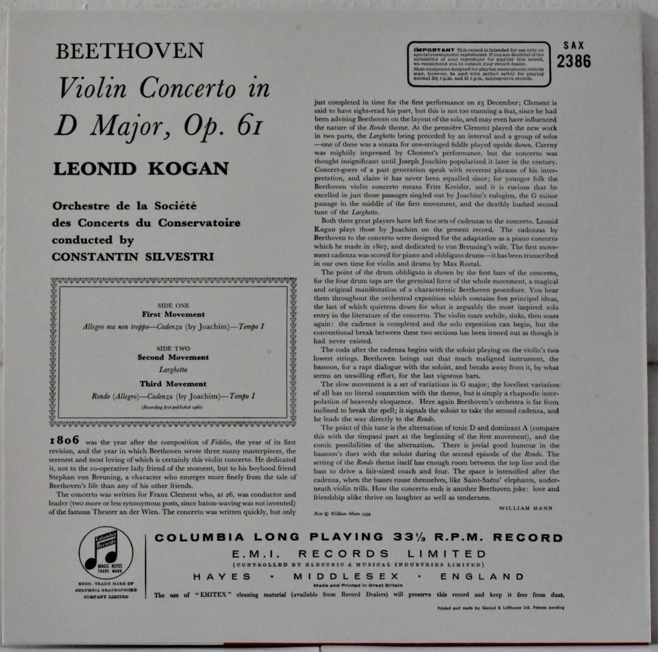 AUDIOPHILE TESTAMENT COLUMBIA SAX 2386 UK  BEETHOVEN Violin Cto Leonid KOGAN NEW - Image 2 of 3