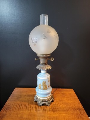 Antique- Victorian Blue Opaline Glass  Oil Lamp (Converted to Electric) 21  Tall