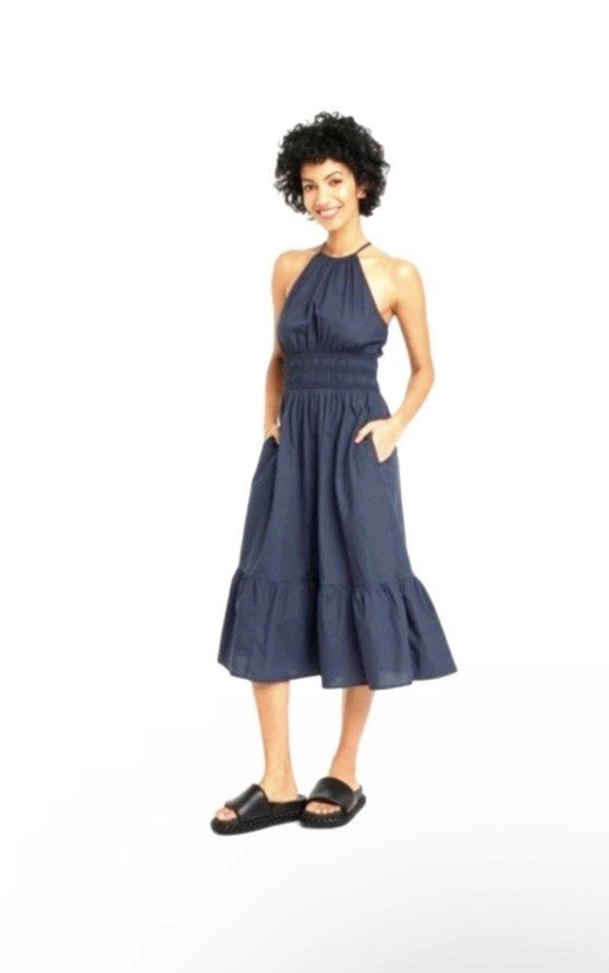 Women's Poplin Dress - A New Day Navy Blue XS
