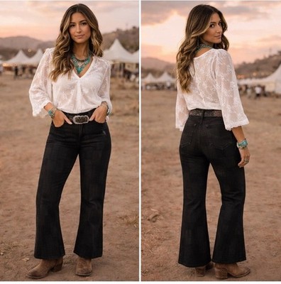 Rock & Roll Cowgirl Western Black Patchwork Denim High Rise Flare Jeans W29 L33
