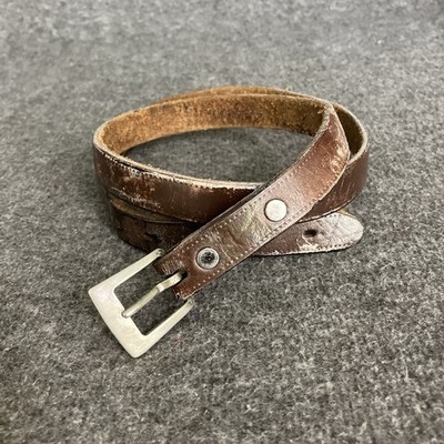 VTG Extra Thin Brown Leather Belt Womens Large 31-34  Silver Buckle DISTRESSED