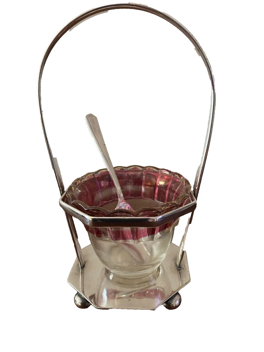 Antique Victorian Walter Oxley Silver and Cut Glass Footed Jam Stand & Spoon