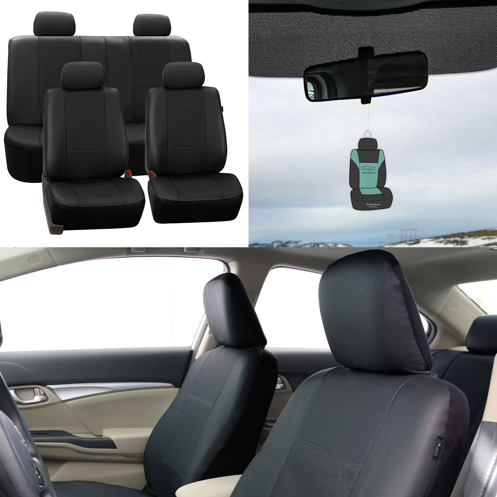 Car Seat Cover Faux Leather For Car SUV Solid Black w/ Free Air Freshener-image
