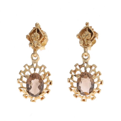 Yellow Gold Smoky Quartz Dangle Earrings - 14k Oval 1.70ctw Floral Pierced - Picture 1 of 7