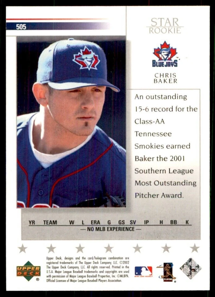 2002 Upper Deck Chris Baker Toronto Blue Jays #505 - Image 2 of 2