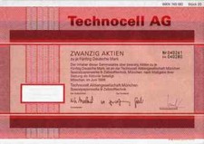 Technocell München Kelheim Offenburg Günzach 1986 rosso 1000 DM azione ordinaria