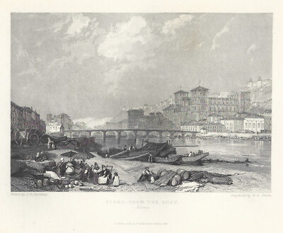 LYON  FROM THE QUAY  FRANCE  FRANKREICH  Stahlstich 1837 Jam. D. HARDING  TOP