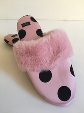 Victorias Secret Womens Slippers Pink / Black Polka Dot With Faux Fur Size M 7-8