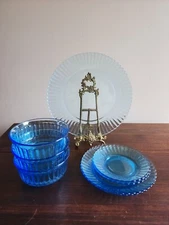 Blue Azure Glassware 8pc Set Forte Crisa Mexico Ribbed 1960's
